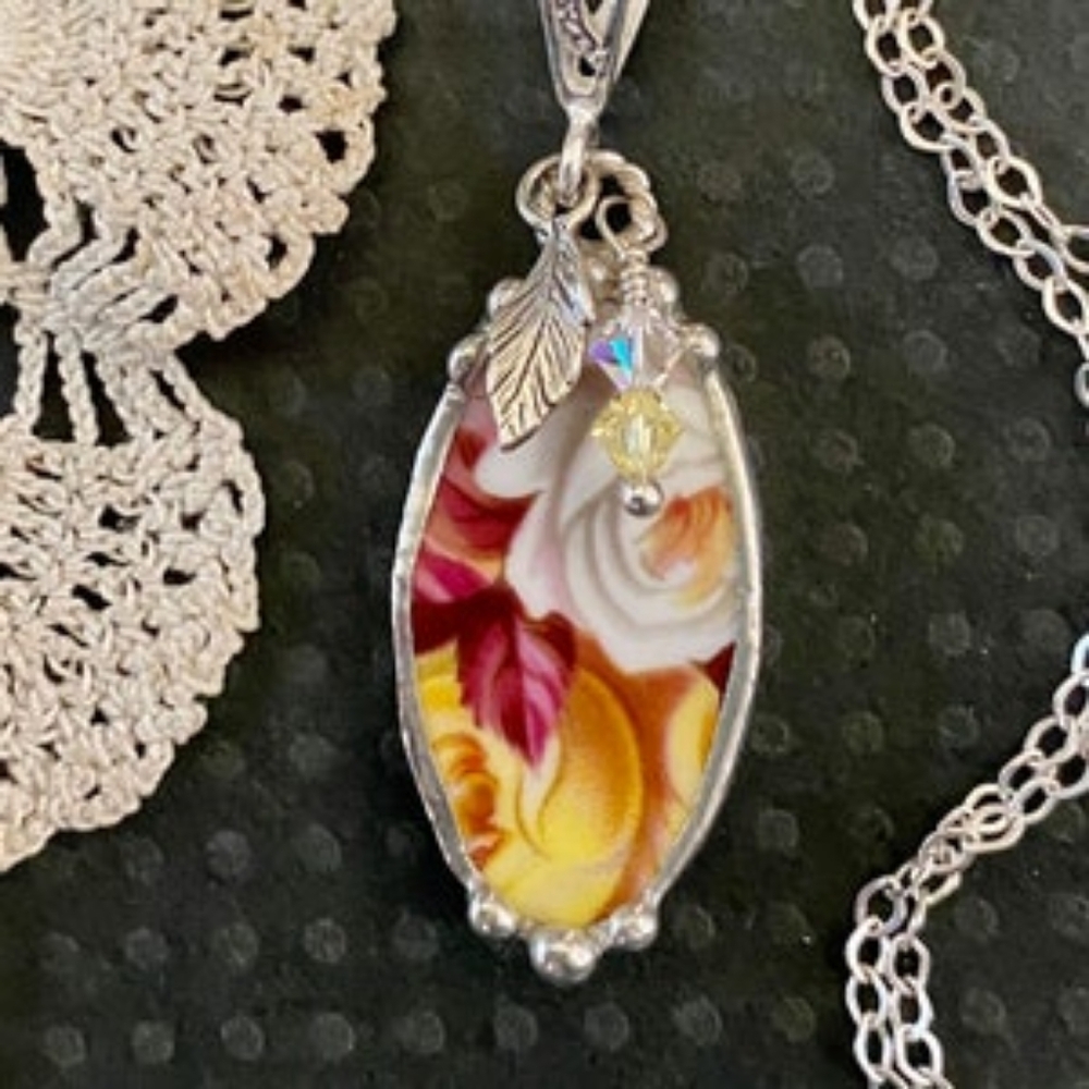 Handmade Silver and Ceramic Rose Necklace
